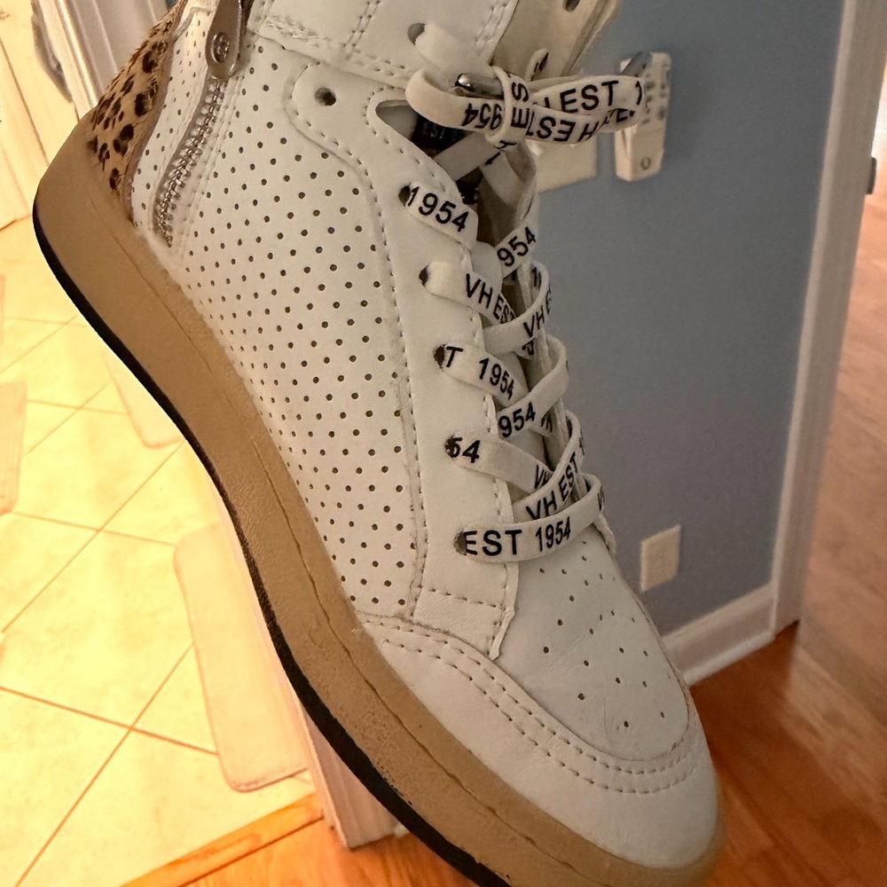 White and Leopard High-Top Sneakers
